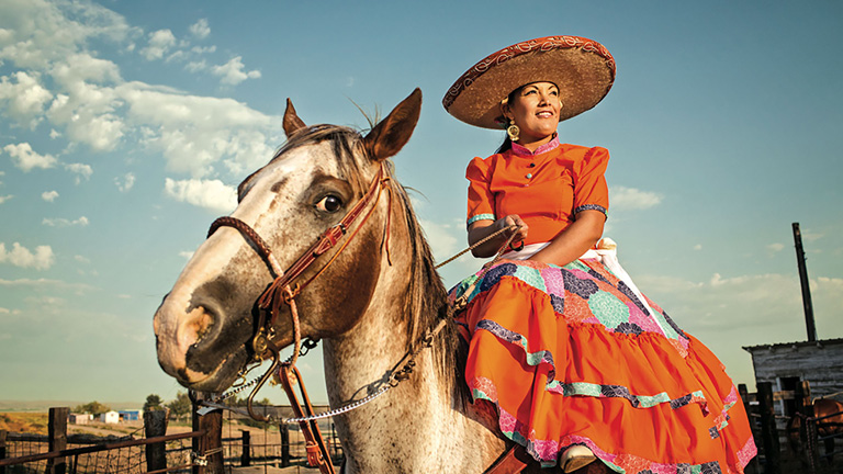 Blend Images Model on Horse Dressed in Traditional Mexican Clothing