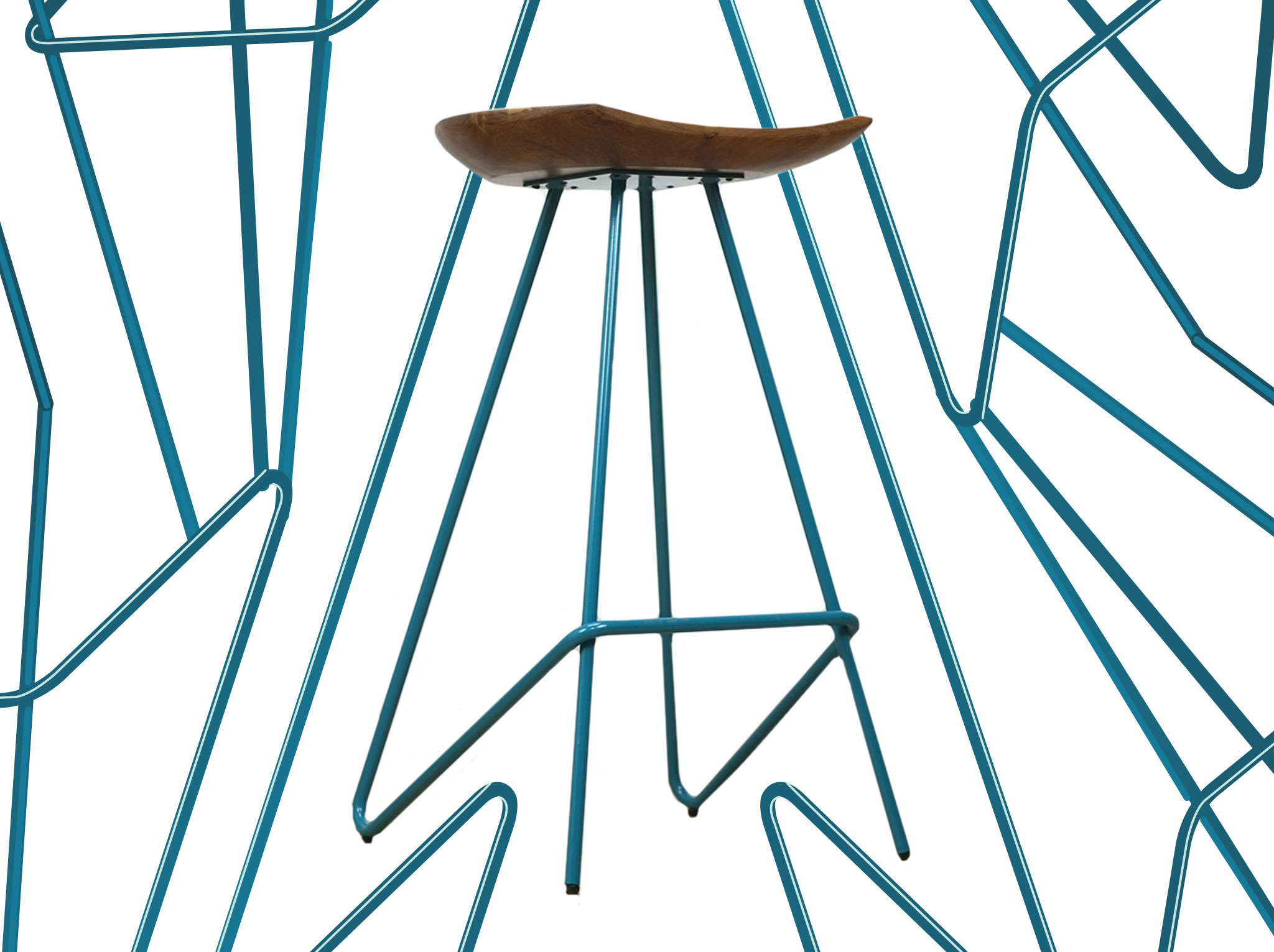 Wooden stool with teal colored aluminum legs